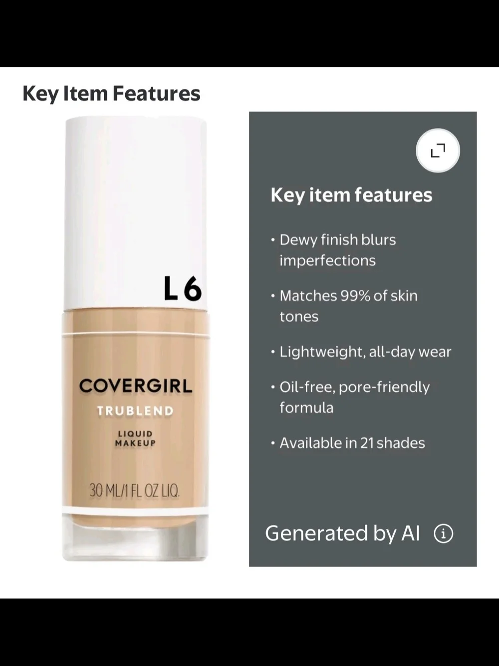 COVERGIRL TruBlend Oil-free Liquid Foundation, L-6 Buff Beige 1 fl oz NEW SEALED